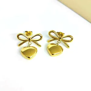 French court style golden bow and heart dangling earrings, stainless steel fashion jewelry.