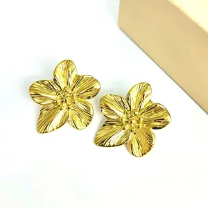 Gold five petal flower earrings French vintage style statement ear jewelry for women