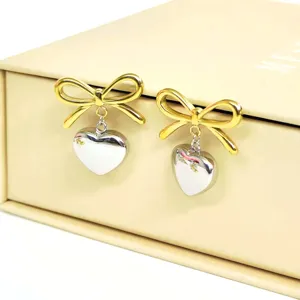 French style bow heart stainless steel earrings, exquisite 18K gold plated fashion jewelry.