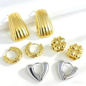Stainless Steel Geometric Earrings 18K Gold Plated Trapezoid Heart Round Four Leaf Clover Stud Earrings Minimalist Jewelry