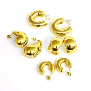 Gold plated chunky C-shaped hoop and rhinestone teardrop earrings set for women fashion jewelry