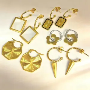 Stainless Steel Shell Rhinestone Hoop Earrings For Women 18K Gold Plated Geometric Dangle Earrings Fashion Jewelry Gift