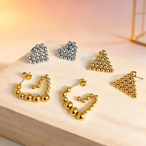 Minimalist Stainless Steel Bead Heart Triangle Stud Earrings 18K Gold Plated Geometric Bead Earrings For Women Jewelry