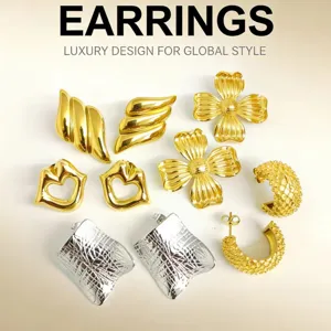 French Vintage Stainless Steel 18K Gold Plated Stud Earrings For Women Flower Lip Geometric Textured Jewelry Earrings Gift