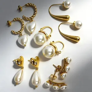 Pendientes Colgantes Elegantes de Acero Inoxidable con Perla Artificial Chapados en Oro Corazón Gota Geométricos Strass Joyería Regalo