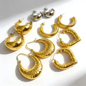 Fashion Stainless Steel C-Shaped Hammered Hoop Earrings 18K Gold Plated Heart Bamboo Joint Stud Earrings Women Jewelry