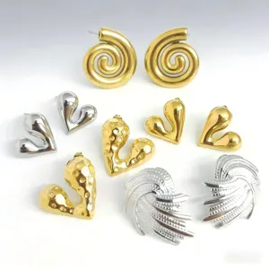 Heart Spiral Wing Hammered Stainless Steel Earrings For Women 18K Gold Plated Geometric Hollow Stud Earrings Fashion Jewelry