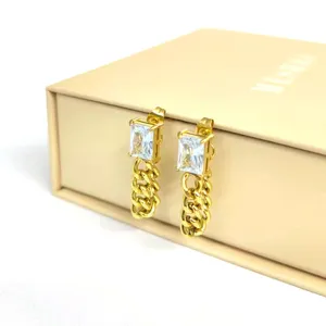 INS Mode Zirkon Ohrringe 18K Gold Edelstahl rechteckiger Stein Ketten Ohrstecker