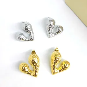 Hammered heart stainless steel earrings, trendy 18k gold plated chic jewelry for women