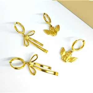 Stainless steel 18k gold plated bow and angel hoop earrings fashion minimalist jewelry set