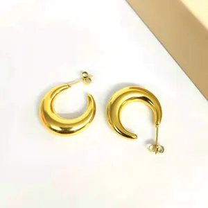 Gold chunky crescent hoop earrings, stainless steel waterproof waterdrop jewelry for women.