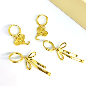 Stylish 18k gold plated stainless steel hoop earrings featuring cute elephant and bow set.