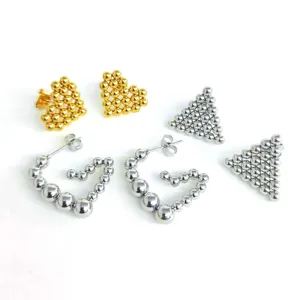 Stainless steel beaded heart and triangle earrings set featuring trendy modern design.