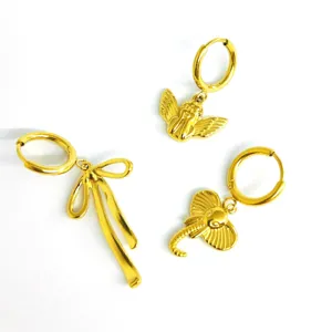 Gold stainless steel hoop earrings set featuring bow, angel and elephant pendants stylish.