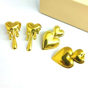 Gold stainless steel melting heart earrings trendy geometric double heart stud jewelry