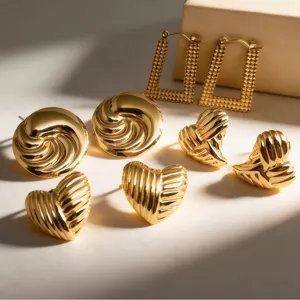Pendientes de Botón Plisados de Acero Inoxidable Vintage para Mujer Pendientes Redondos de Corazón Geométrico Oro