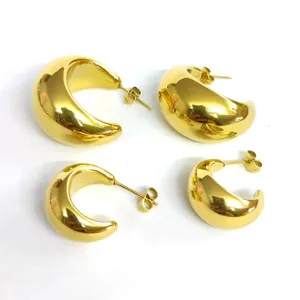 Chunky gold plated C-shaped hoop earrings set, minimalist thick metal statement jewelry.