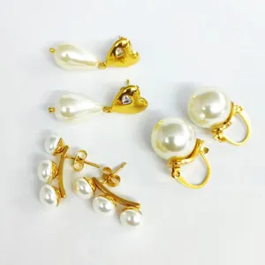 Set de pendientes de perlas dorados de moda, elegantes aretes de corazon y gota mujer.