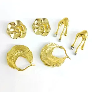 Gold plated stainless steel vintage flower and geometric earrings set for women fashion.