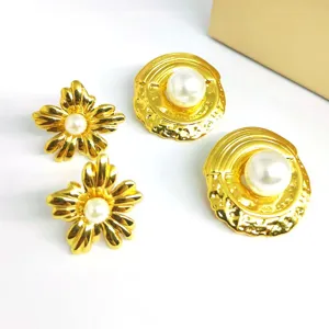 Chic stainless steel pearl stud earrings set, luxury gold flower and textured round design.