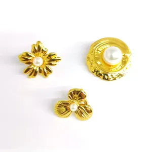Gold-plated stainless steel pearl earrings set, vintage designer style jewelry accessories.