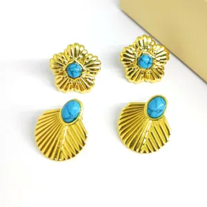 French vintage style gold plated metal earrings set with blue turquoise stone for women fashion jewelry