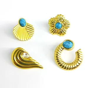 Chic 18k gold plated stainless steel earrings set, vintage court style turquoise stone jewelry.
