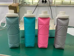 Portable collapsible silicone water bottle for outdoor travel and sports activities.