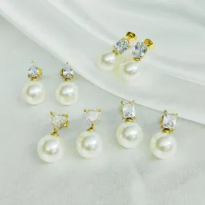 Korean style stainless steel zirconia faux pearl stud earrings set, fashion jewelry detail.