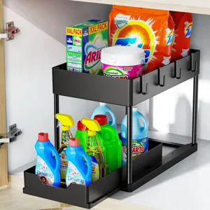 Double Tier Pull Out Under Sink Organizer Plastic Sliding Storage Basket Rack With Hooks For Kitchen Bathroom Countertop