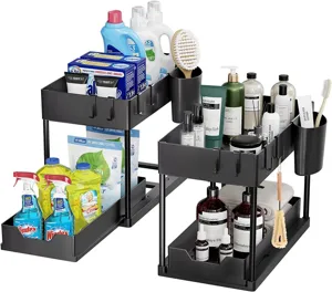Pull-out 2-tier storage rack, under sink organizer, kitchen spice and condiment rack for home.