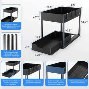 2-tier under sink organizer with pull-out basket and hooks, black kitchen storage shelf.