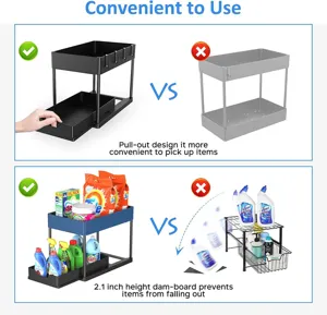 Under sink organizer with pull-out drawers and 2.1 inch dam-board for kitchen storage.