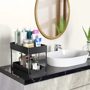 Detail shot of black 2-tier pull-out storage rack showcasing organizing capacity on countertop.