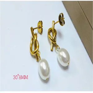 Stainless Steel 18K Gold Plated Knot Pearl Drop Earrings Elegant Fashion Jewelry