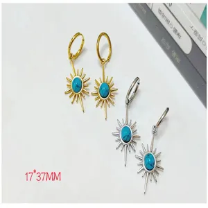Detail view of stainless steel sunburst turquoise earrings with 17x37mm size display.