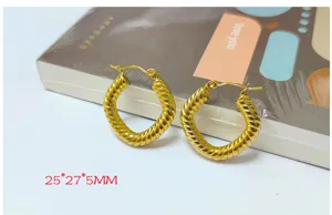 Stainless steel 18K gold plated twisted hoop earrings, fashionable European style.
