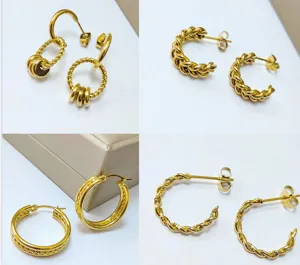 Detailed views of 18k gold plated stainless steel twisted hoop earrings, elegant minimalist style.
