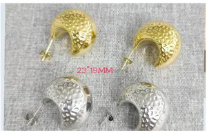 Chunky crescent hammered stainless steel earrings, gold and silver fashion hoop jewelry.