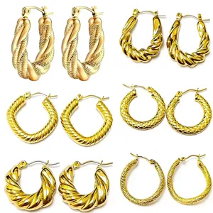 Stainless Steel Gold Plated Hoop Earrings For Women INS Style Twisted Snake Skin Texture Geometric Ear Buckle Fashion Jewelry