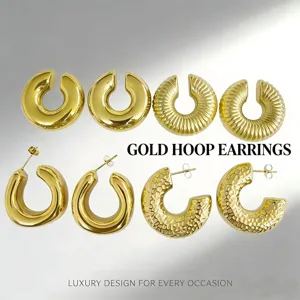Titanium Steel Gold Plated Hoop Earrings For Men Women Textured Threaded Hammered C-Shaped Hollow Stud Earrings Jewelry