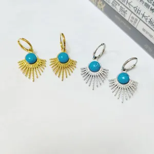 Stainless steel 18K gold turquoise earrings set, fashion half gemstone sunburst design jewelry.