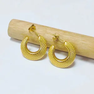 Gold stainless steel crescent hoop earrings with unique texture for daily fashion wear.