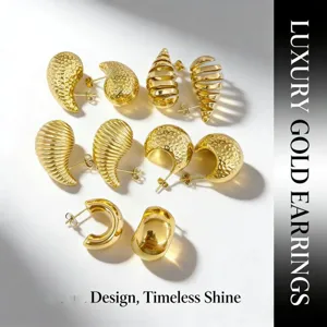 Stainless Steel Chunky Water Drop Hoop Earrings For Women 18K Gold Plated Hammered Texture Screw Thread Crescent Stud Earrings Fashion Jewelry