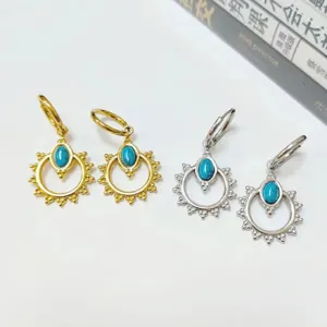 INS stainless steel gold and silver hoop earrings with blue turquoise semi-precious stone.