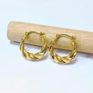Gold stainless steel twisted hoop earrings, elegant crescent huggie earrings for women.