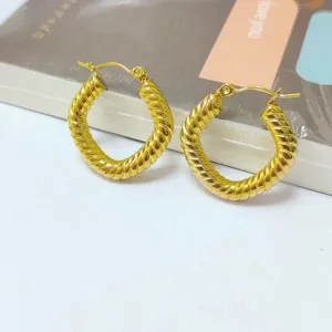 Chic 18K gold plated stainless steel twisted hoop earrings, trendy INS European rope design.