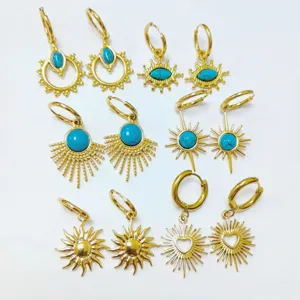 Stainless steel 18K gold plated turquoise sun hoop earrings set for fashion jewelry women