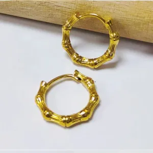 Boucles d Oreilles Creoles Double Face Design Bambou Plaque Or 18K Mode Femme Quotidien