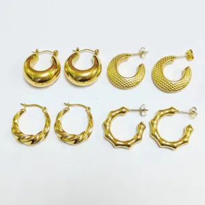 Stainless steel 18k gold plated hoop earrings set crescent twist bamboo texture jewelry for women